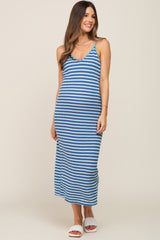 Blue Striped Crochet Knit Maternity Midi Dress