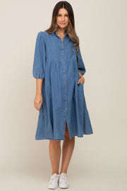 Blue Chambray Button Front Maternity Dress