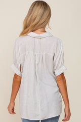 White Striped Button Up Dolman Short Sleeve Maternity Top