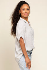 White Striped Button Up Dolman Short Sleeve Top