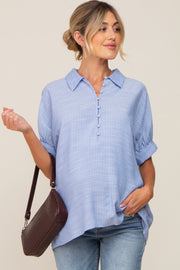 Light Blue Striped Button Up Dolman Short Sleeve Maternity Top