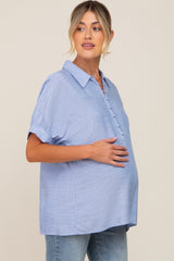 Light Blue Striped Button Up Dolman Short Sleeve Maternity Top