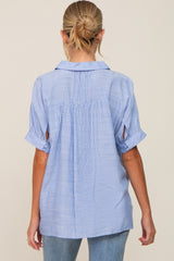 Light Blue Striped Button Up Dolman Short Sleeve Maternity Top