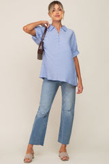 Light Blue Striped Button Up Dolman Short Sleeve Maternity Top