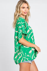 Green Printed V-Neck Top