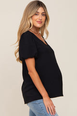 Black Puff Sleeve V-Neck Maternity Top