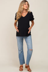 Black Puff Sleeve V-Neck Maternity Top