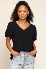 Black Puff Sleeve V-Neck Maternity Top