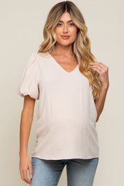 Beige Puff Sleeve V-Neck Maternity Top