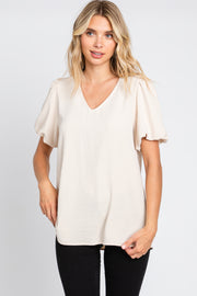 Beige Puff Sleeve V-Neck Top