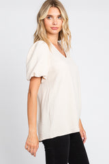 Beige Puff Sleeve V-Neck Top