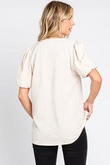 Beige Puff Sleeve V-Neck Top