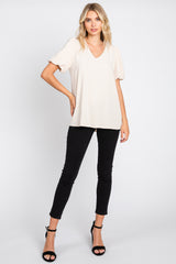 Beige Puff Sleeve V-Neck Top