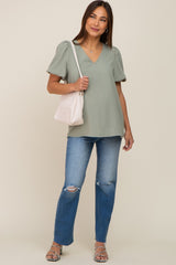 Sage Puff Sleeve V-Neck Maternity Top