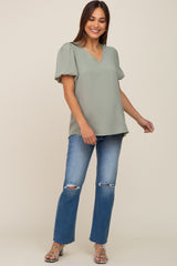 Sage Puff Sleeve V-Neck Maternity Top