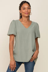 Sage Puff Sleeve V-Neck Maternity Top