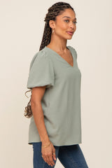 Sage Puff Sleeve V-Neck Top