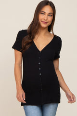 Black Waffle Knit Front Button Accent Maternity Top