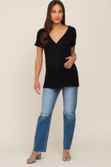 Black Waffle Knit Front Button Accent Maternity Top