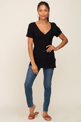 Black Waffle Knit Front Button Accent Top