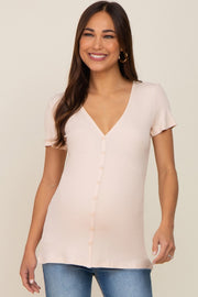 Beige Waffle Knit Front Button Accent Maternity Top