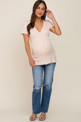 Beige Waffle Knit Front Button Accent Maternity Top