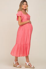 Coral Flutter Sleeve Maternity Midi Dress