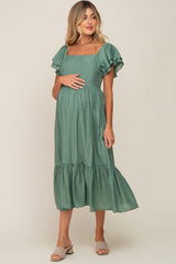 Green Flutter Sleeve Maternity Midi Dress