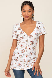 Red Floral Front Button Accent Top