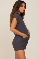 Charcoal Gauze Button Up Front Pocket Maternity Romper