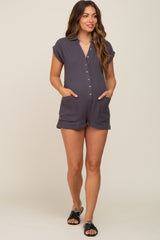 Charcoal Gauze Button Up Front Pocket Maternity Romper