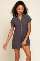 Charcoal Gauze Button Up Front Pocket Romper