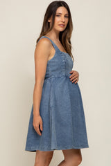 Blue Smocked Square Neck Denim Maternity Dress