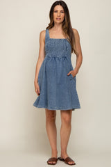 Blue Smocked Square Neck Denim Maternity Dress