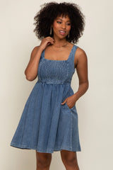 Blue Smocked Square Neck Denim Maternity Dress