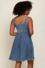 Blue Smocked Square Neck Denim Dress