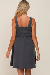 Black Smocked Square Neck Denim Maternity Dress