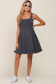 Black Smocked Square Neck Denim Maternity Dress