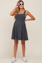 Black Smocked Square Neck Denim Maternity Dress