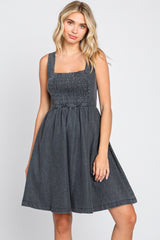 Black Smocked Square Neck Denim Maternity Dress