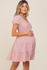 Pink Smocked Tiered Maternity Mini Dress