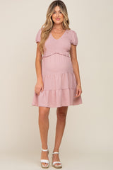 Pink Smocked Tiered Maternity Mini Dress