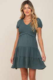 Forest Green Smocked Tiered Maternity Mini Dress