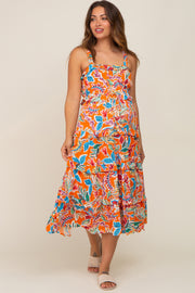 Orange Multi-Color Floral Sleeveless Tiered Maternity Midi Dress