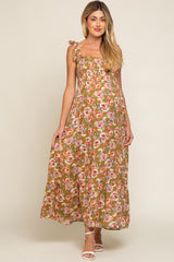 Olive Floral Smocked Shoulder Tie Tiered Maternity Maxi Dress