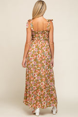 Olive Floral Smocked Shoulder Tie Tiered Maternity Maxi Dress