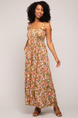 Olive Floral Smocked Shoulder Tie Tiered Maternity Maxi Dress