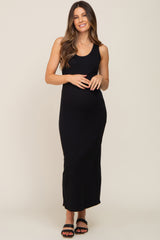 Black Sleeveless Ribbed Maternity Maxi Dress