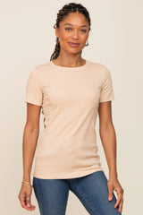 Beige Ribbed Short Sleeve Maternity Top