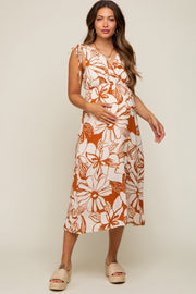 Rust Floral Shoulder Tie Maternity Midi Dress